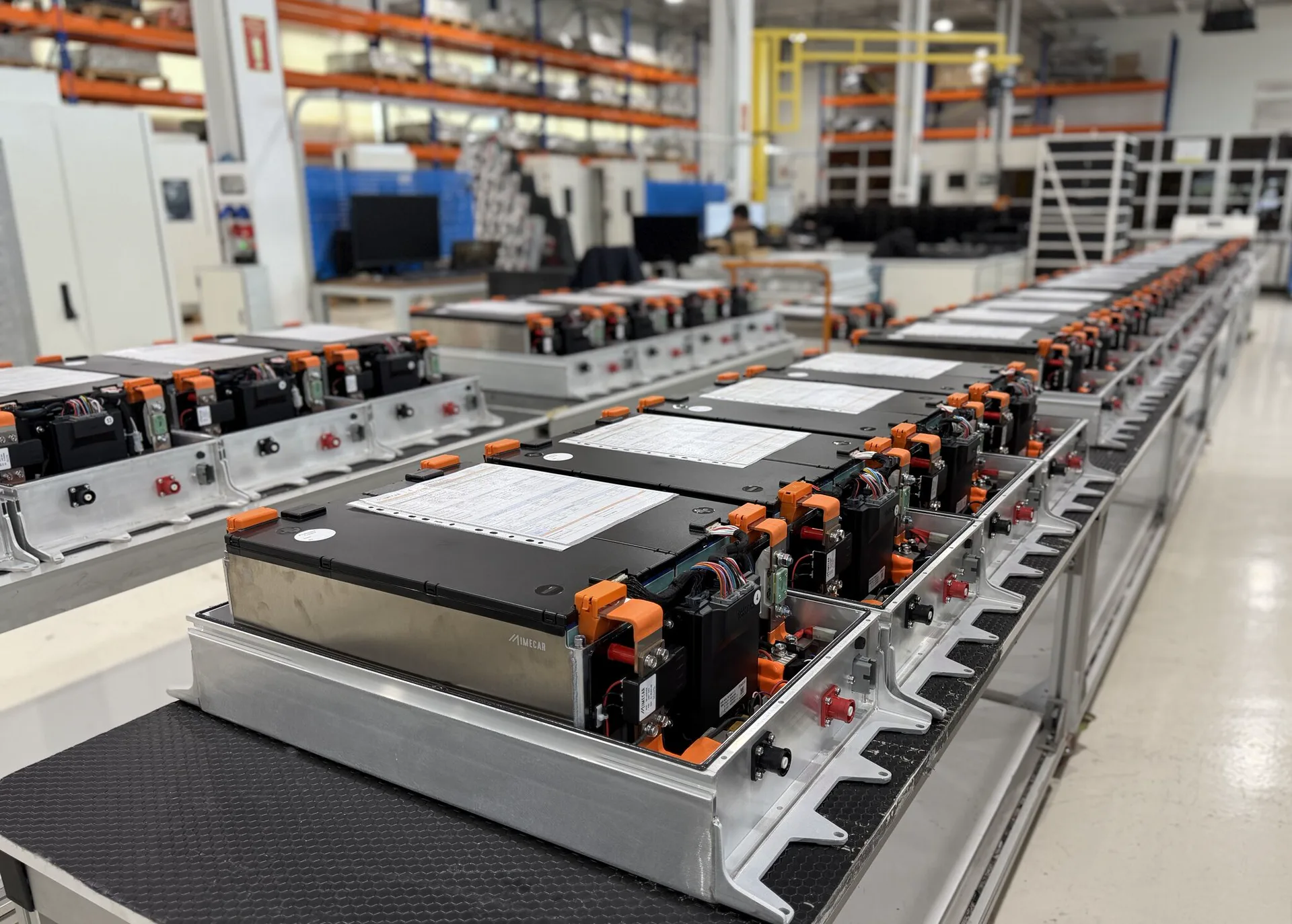 Rows of finished IMECAR battery packs on the production line at the Antalya factory