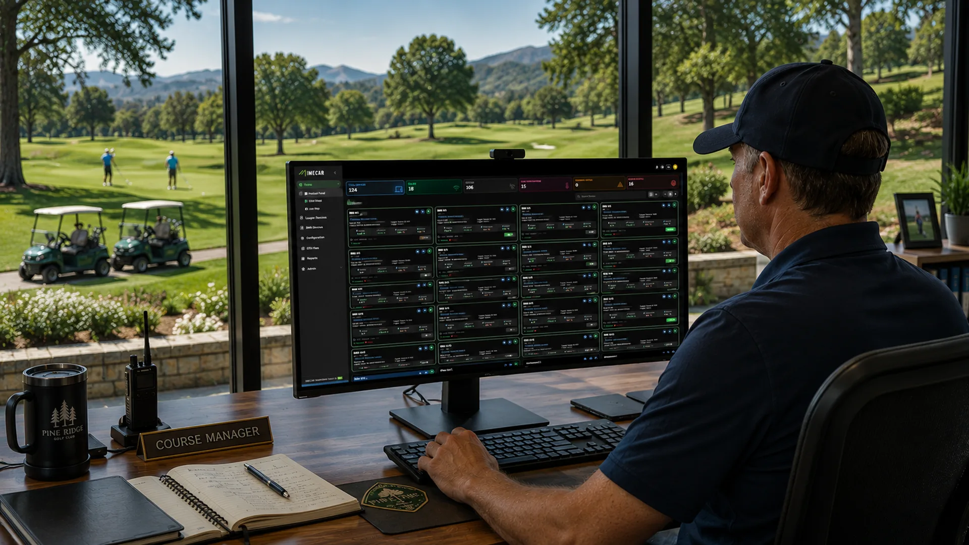 Course manager monitoring his cart fleet on the IMECAR BMS dashboard, golf course visible outside