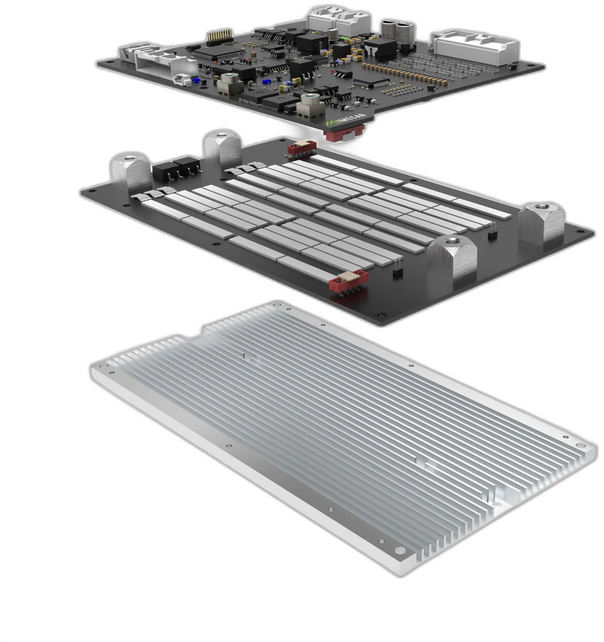 IM-P150 battery management system, exploded view showing controller board, busbars and heatsink
