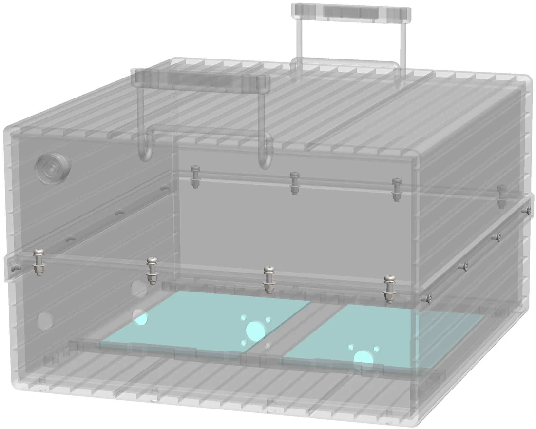 Transparent CAD view of an L-FLEX enclosure, showing the ribbed double-wall ventilation channels along the top, left and right faces, and the pressure-relief valve on the end wall.